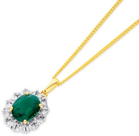 9ct+Created+Emerald+%26amp%3B+Diamond+Pendant