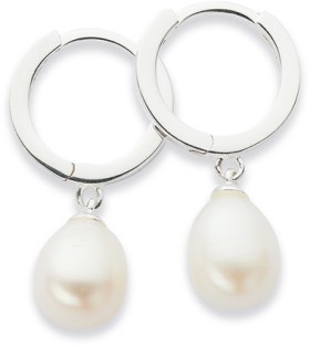 Sterling+Silver+Cultured+Freshwater+Pearl+Drop+on+Huggie+Earrings