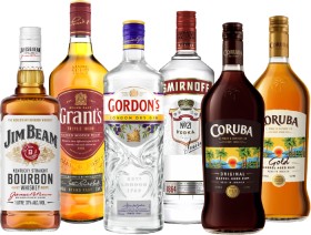 Jim-Beam-Bourbon-Grants-Blended-Scotch-Whisky-Gordons-London-Dry-Gin-Smirnoff-Vodka-or-Coruba-Original-or-Gold-Rum-1L on sale