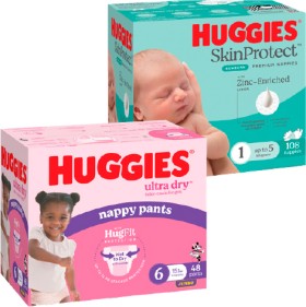 Huggies-Jumbo-Ultra-Dry-Nappies-64-108-Pack-or-Nappy-Pants-48-62-Pack on sale