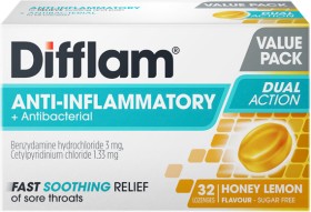 Difflam-Anti-Inflammatory-Antibacterial-Honey-Lemon-Lozenges-32s on sale
