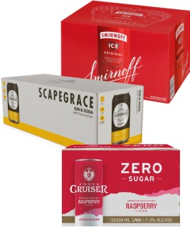 Smirnoff+Ice+Original+5%25+12+x+250ml+Cans%2C+Scapegrace+Range+5%25+10+x+330ml+Cans+or+Cruiser+Range+7%25