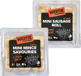 Westie-Pies-4-Pack-Savouries-Mixed-Trio-10-Pack-Mini-Mince-Savouries-9-Pack-or-Mini-Sausage-Rolls-12-Pack on sale