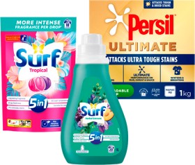 Persil-Laundry-Powder-1kg-Surf-Laundry-Capsules-18s-or-Surf-Laundry-Liquid-1L on sale