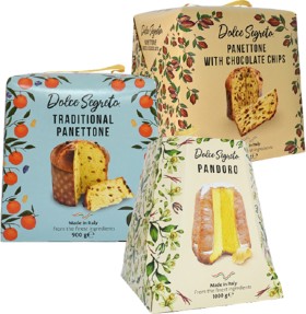Dolce-Segreto-Panettone-Classico-900g-Choc-Chip-750g-or-Pandoro-1kg on sale