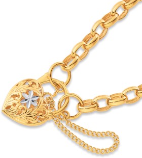 9ct+19cm+Oval+Belcher+Bracelet+with+Flower+Padlock
