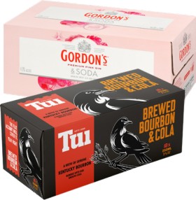 Gordon%26rsquo%3Bs+Premium+Pink+Gin+%26amp%3B+Soda+4%25+or+Tui+Bourbon+%26amp%3B+Cola+or+Lime+%26amp%3B+Soda+7%25+18+X+250mL+Cans