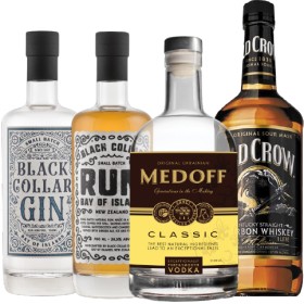 Old+Crow+Bourbon+1L%2C+Medoff+Classic+Premium+Vodka+1L+or+Black+Collar+Gin+or+Rum+700mL