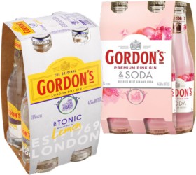 Gordons-Gin-Tonic-7-or-Gordons-Premium-Pink-Gin-Soda-4-4-X-250mL-Bottles on sale