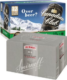 Canadian-Club-Premium-Dry-7-or-Smirnoff-Ice-Double-Black-Guarana-7-12-X-250mL-Cans on sale