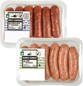 Woolworths-Fresh-Chicken-Garlic-Herb-Lamb-Herb-Garlic-or-Spicy-Chorizo-Pork-Beef-Sausages-6-Pack on sale