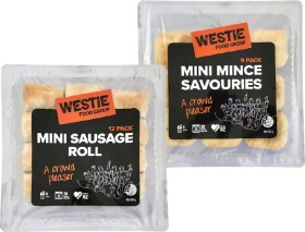 Westie-Pies-4-Pack-Savouries-Mixed-Trio-10-Pack-Mini-Mince-Savouries-9-Pack-or-Mini-Sausage-Rolls-12-Pack on sale
