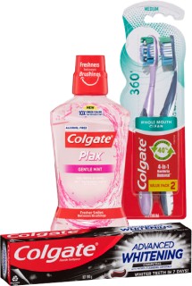 Colgate-Advanced-Whitening-180-200g-Sensitive-110g-Plax-Gentle-500ml-or-360-2-Pack on sale