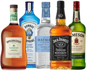 Appleton+Estate+Signature+Blend+Rum%2C+Bombay+Sapphire+Gin%2C+Hayman%26rsquo%3Bs+London+Dry+Gin%2C+Jack+Daniel%26rsquo%3Bs+Whiskey+or+Jameson+Irish+Whiskey+1L
