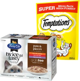 Temptations-Cat-Treats-350g-or-Fussy-Cat-Wet-Cat-Food-12x80g on sale