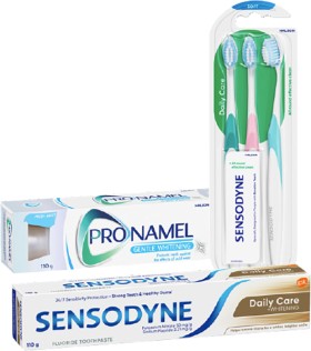 Sensodyne-Toothpaste-110g-or-Daily-Care-Toothbrush-3-Pack on sale