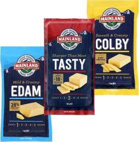 Mainland+Mild%2C+Colby+Edam+1kg+or+Tasty+700g+Cheese+Block