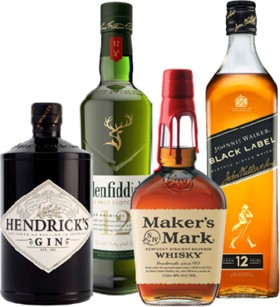 Glenfiddich-12yo-Single-Malt-Whisky-700ml-Hendricks-Gin-700ml-Makers-Mark-Bourbon-1L-or on sale
