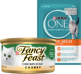 Fancy+Feast+Cat+Food+85g+or+Purina+One+Chicken+Pouches+70g