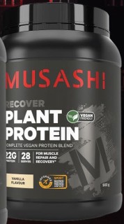 Musashi-Recover-Plant-Protein-Powder-Vanilla-Protein-Shake-900g on sale