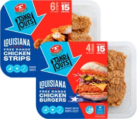 Tegel-Take-Outs-Free-Range-Chicken-Burger-4-Pack-or-Strips-6-Pack-Louisiana-Style on sale