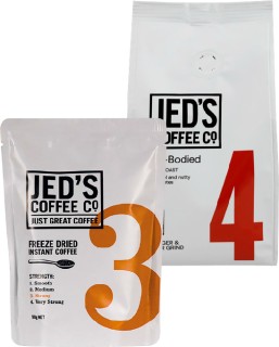 Jed%26rsquo%3Bs+Plunger+or+Beans+Coffee+200g%2C+Bean+Bags%2C+Refills+90g+or+Latte+Mixes+200g