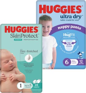 Huggies-Convenience-Pack-Ultra-Dry-Nappies-16-28-Pack-or-Nappy-Pants-12-15-Pack on sale