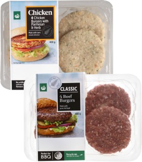 Woolworths-Chicken-Parmesan-Herb-or-Classic-Beef-Burgers-4-Pack on sale