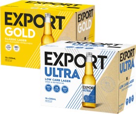 Export-Ultra-Low-Carb-Export-Gold-DB-Draught-or-Tui-15-x-330ml-Bottles on sale