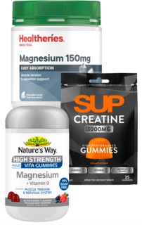 Healtheries-Magnesium-150mg-200s-Natures-Way-Gummies-50-110s-or-SUP-Creatine-Gummies-60s on sale