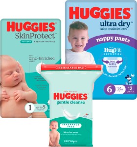 Huggies-Convenience-Pack-Ultra-Dry-Nappies-16-28-Pack-or-Nappy-Pants-12-15-Pack-or-Huggies-Baby-Wipes-240-Pack on sale