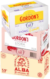 Gordon%26rsquo%3Bs+Gin+%26amp%3B+Tonic+Slimline+7%25%2C+Gordon%26rsquo%3Bs+RTD+Range+4%25+or+Alba+Sparkling+Range+5.9%25+10+x+250ml+Cans