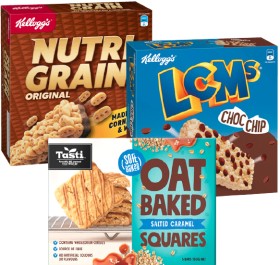 Kelloggs-Nutri-Grain-Bar-Kelloggs-LCMs-or-Tasti-Oat-Baked-Squares-100-150g on sale