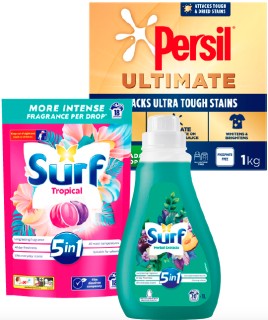 Persil-Laundry-Powder-1kg-Surf-Laundry-Capsules-18s-or-Surf-Laundry-Liquid-1L on sale