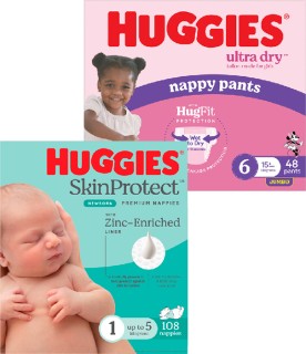 Huggies-Jumbo-Ultra-Dry-Nappies-64-108-Pack-or-Nappy-Pants-48-62-Pack on sale