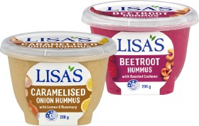 Lisas-Flavoured-Hummus-200g on sale