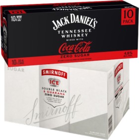 Jack+Daniel%26rsquo%3Bs+%26amp%3B+Coca-Cola+Zero+4.8%25+10+x+330ml+Cans+or+Smirnoff+Ice+Double+Black+Guarana+Zero+Sugar+7%25+12+x+250ml+Cans