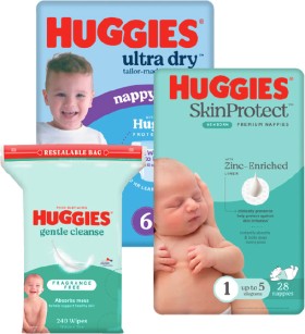 Huggies+Convenience+Pack+Ultra+Dry+Nappies+16-28+Pack%2C+Nappy+Pants+12-15+Pack+or+Huggies+Baby+Wipes+240+Pack