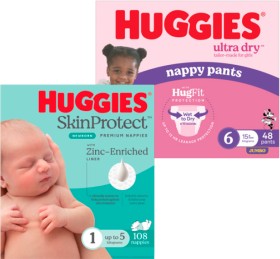 Huggies-Jumbo-Ultra-Dry-Nappies-64-108-Pack-or-Nappy-Pants-48-62-Pack on sale