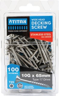 Titan+10G+x+65mm+Stainless+Steel+Wide+Head+Decking+Screw+Pack+of+100