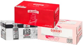 KGB-Vodka-Lemon-Ice-7-Smirnoff-Ice-Lemon-5-or-Gordons-Premium-Pink-Gin-Soda-4-18-x-250mL-Cans on sale