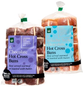 Woolworths-Chocolate-or-Brioche-Chocolate-Hot-Cross-Buns-6-Pack on sale
