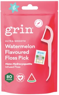 Grin-Watermelon-Flavoured-Floss-Picks-80pk-Bag on sale