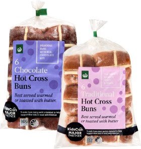 Woolworths-Traditional-Brioche-Choc-or-Fruitless-Hot-Cross-Buns-6-Pack on sale