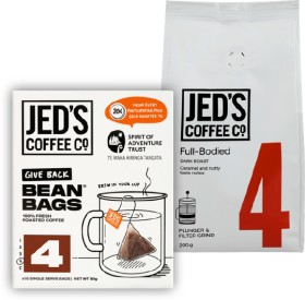 Jed%26rsquo%3Bs+Plunger+or+Beans+Coffee+200g%2C+Bean+Bags+10+Pack+or+Refills+90g