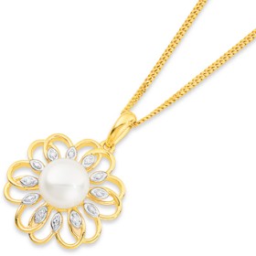 9ct-Freshwater-Pearl-Diamond-Petals-Pendant on sale