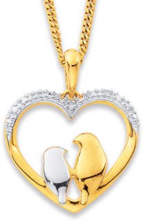 9ct+Two+Tone+Birds+in+Heart+Diamond+Pendant