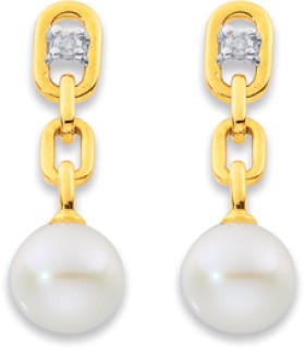 9ct+Freshwater+Pearl+%26amp%3B+Diamond+Link+Earrings
