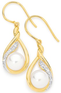 9ct+Freshwater+Pearl+%26amp%3B+Diamond+Earrings