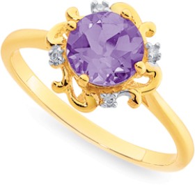 9ct-Amethyst-and-Diamond-Scroll-Ring on sale